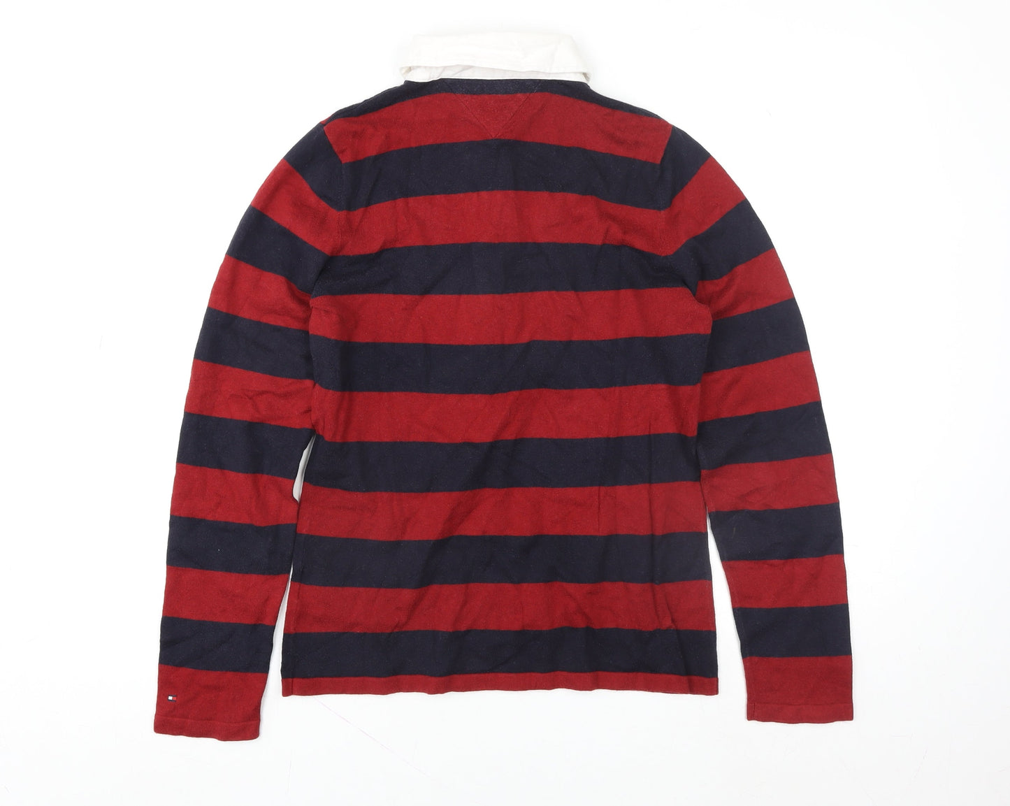 Tommy Hilfiger Men's Red Navy Striped Rugby Shirt L Long Sleeve Cotton