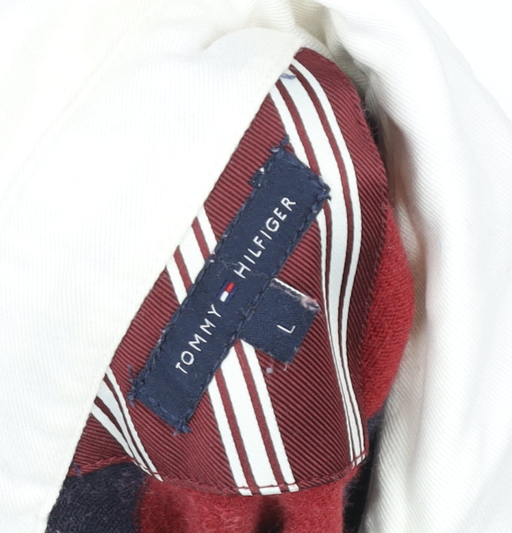 Tommy Hilfiger Men's Red Navy Striped Rugby Shirt L Long Sleeve Cotton