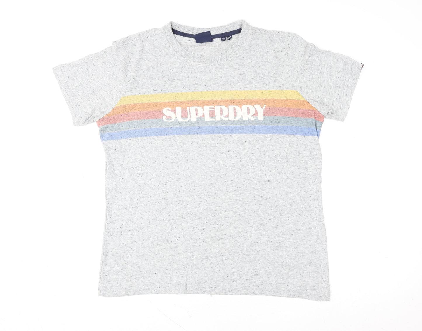 Superdry Men Grey Retro Stripe Logo Crew Neck Cotton T-Shirt L