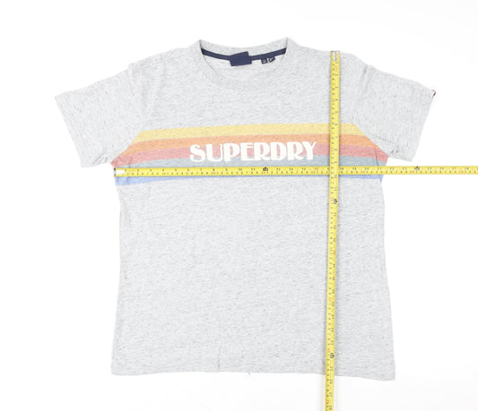Superdry Men Grey Retro Stripe Logo Crew Neck Cotton T-Shirt L