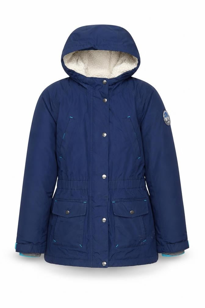 Front view of Lands' End girls’ blue hooded parka coat 12-13 years lined winter jacket