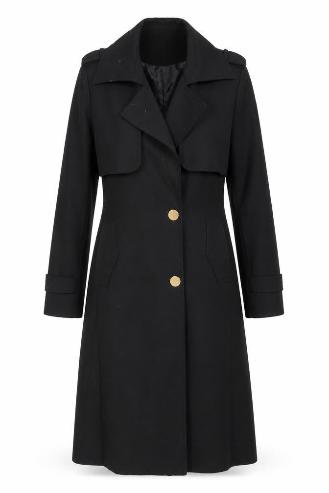 Lemina Women's Black Long Trench Coat Size S with Gold Buttons