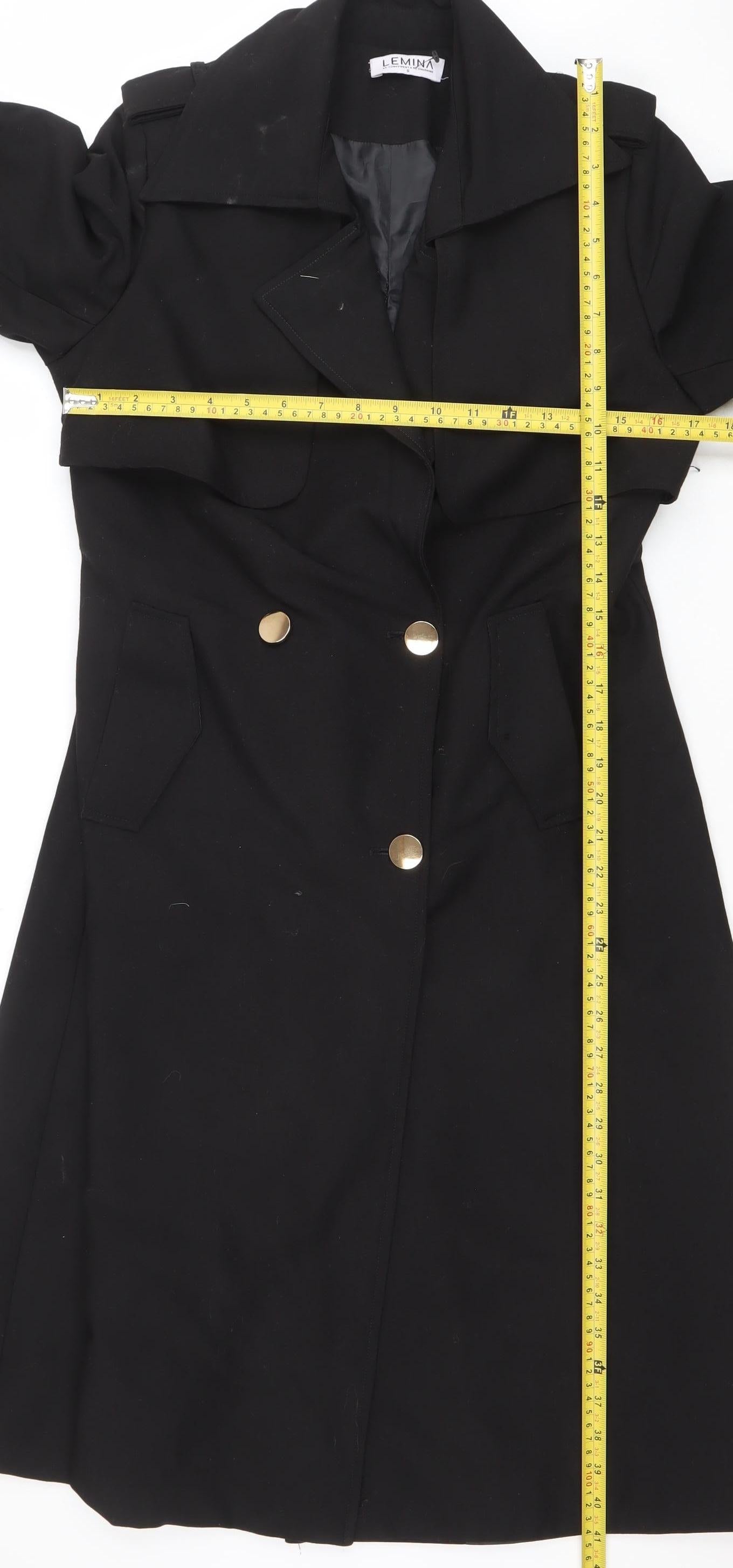 Lemina Women's Black Long Trench Coat Size S with Gold Buttons