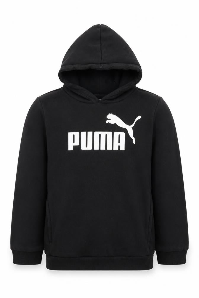 Front view of Puma boys’ black pullover hoodie, size 13-14, years cotton blend