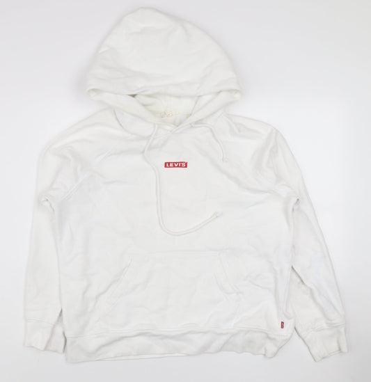 Levi's Women White Cotton Pullover Hoodie Size M Drawstring Logo Sweatshirt