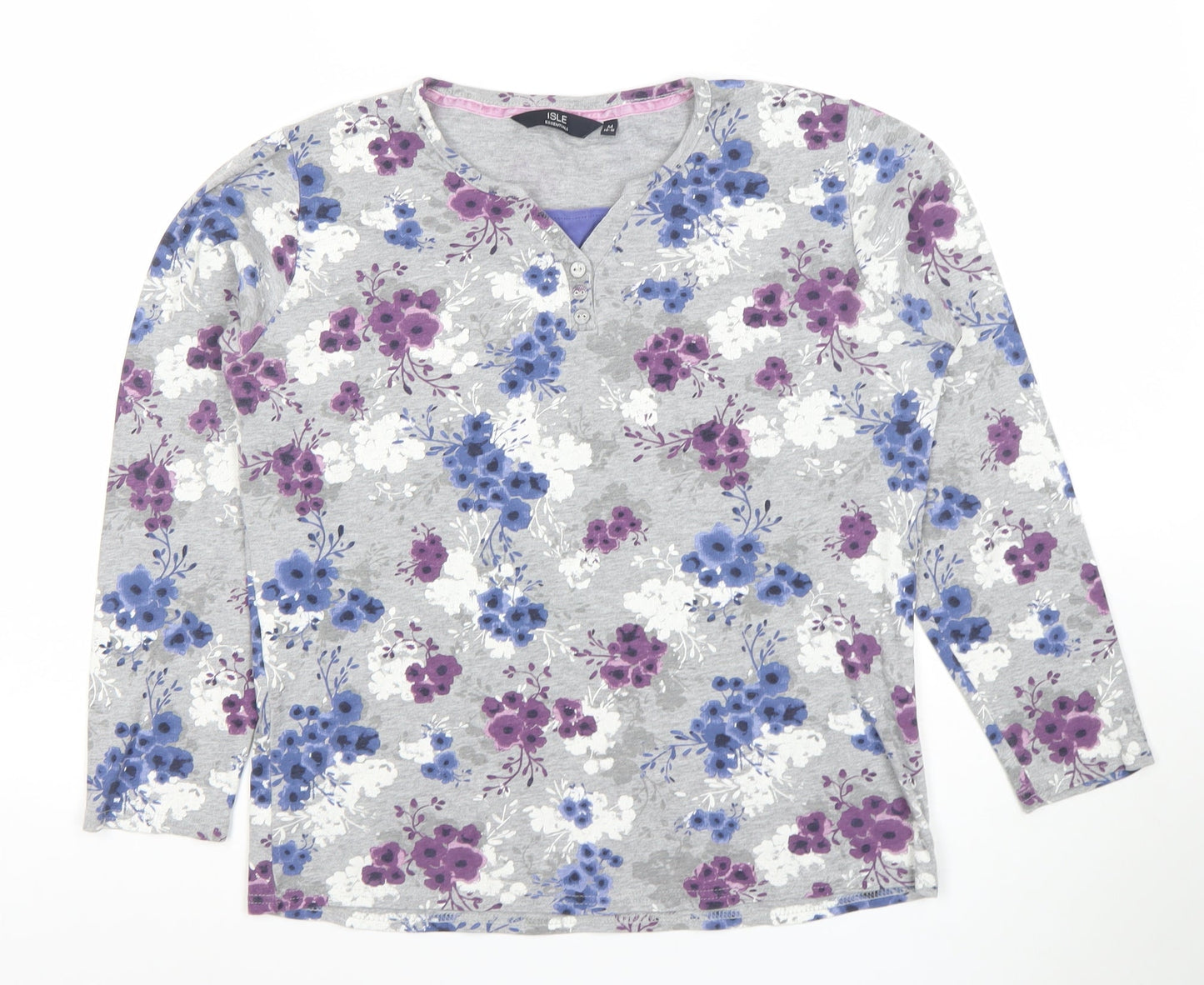 ISLE ESSENTIALS Women's Grey Floral Henley T-Shirt Long Sleeve M