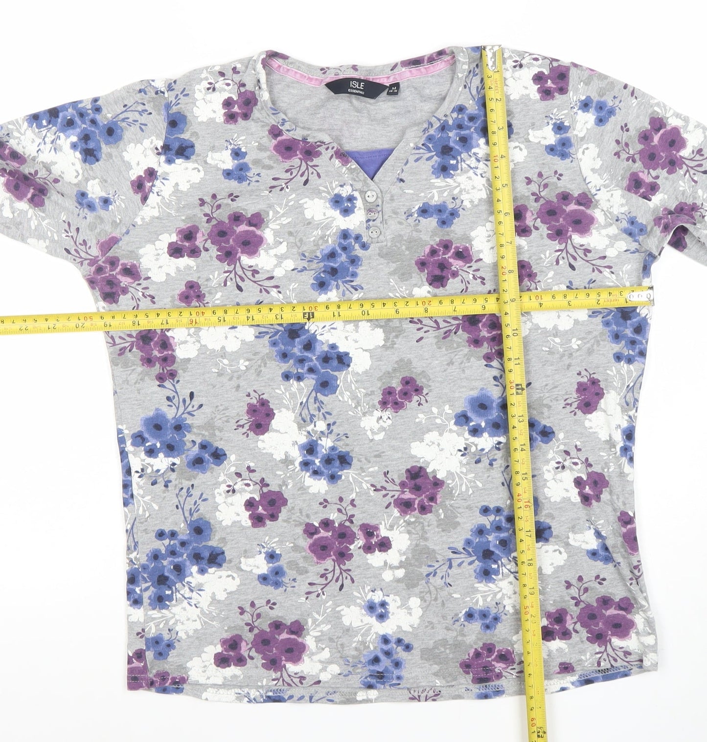 ISLE ESSENTIALS Women's Grey Floral Henley T-Shirt Long Sleeve M