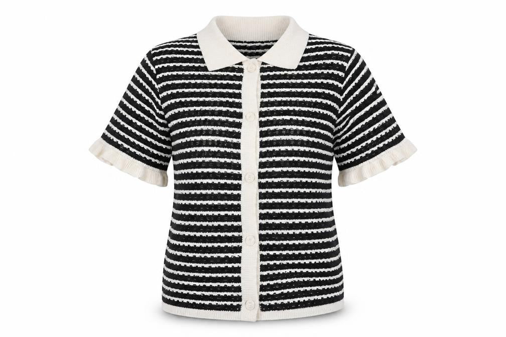Front view of ASOS DESIGN Women's Black Striped Short Sleeve Knit Cardigan, size S