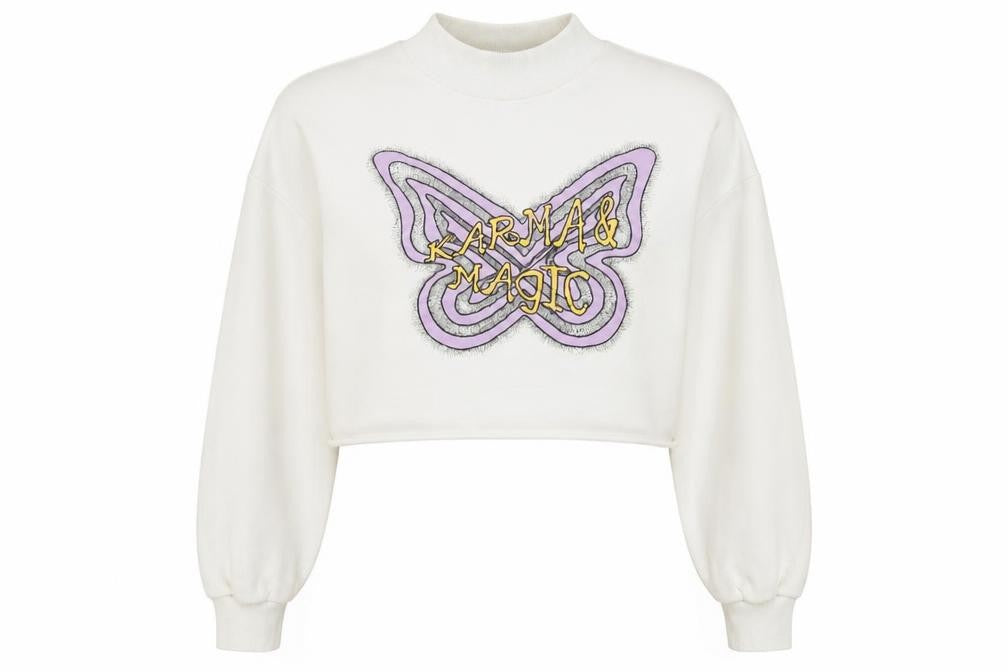 H&M Divided Women’s White Cropped Pullover Sweatshirt L Butterfly Karma & Magic