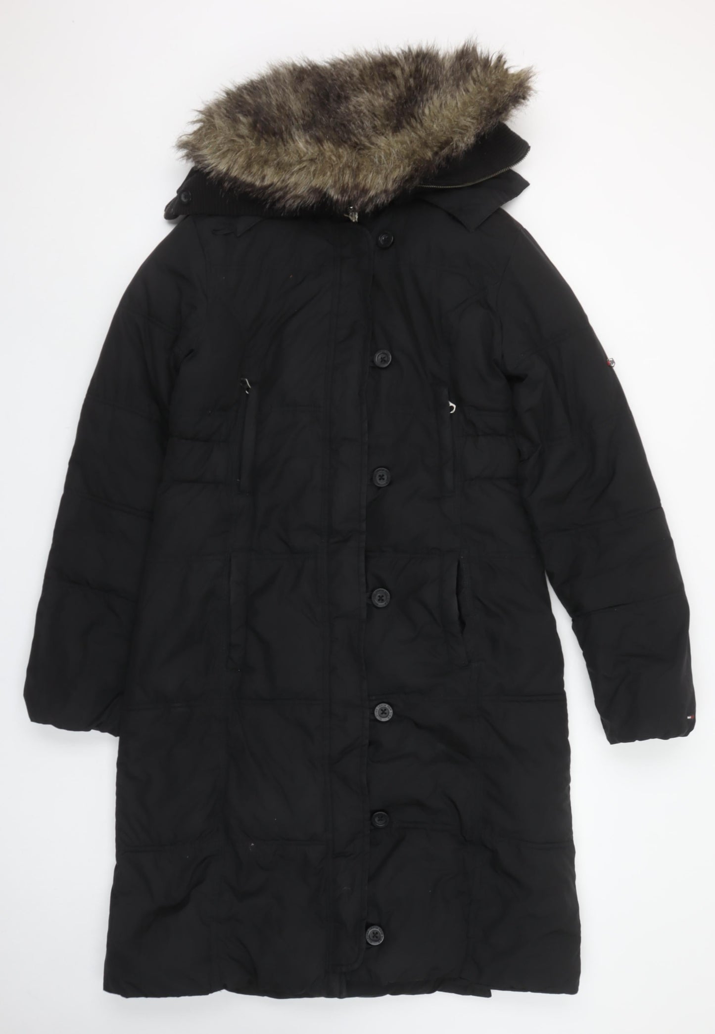 Tommy Hilfiger Women Black Long Parka Coat Faux Fur Trim Hood Belted M