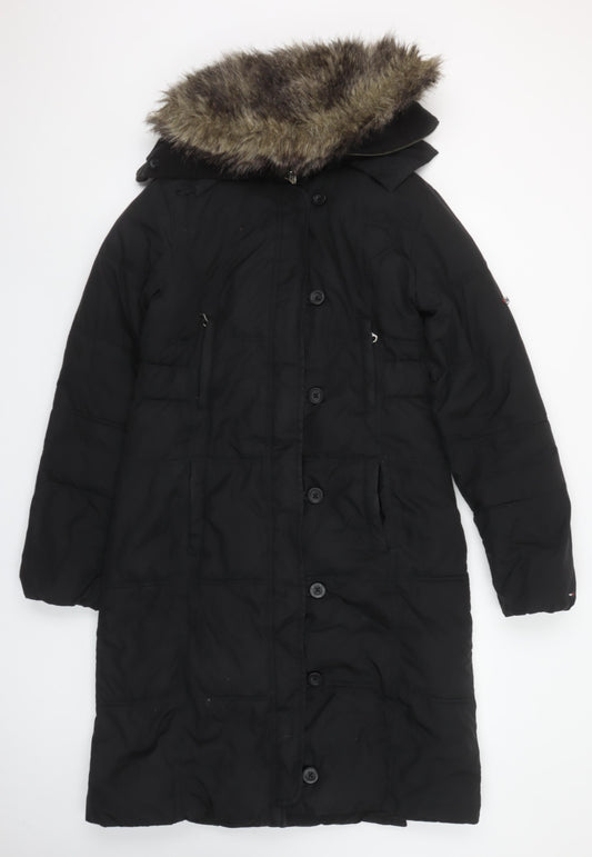 Tommy Hilfiger Women Black Long Parka Coat Faux Fur Trim Hood Belted M
