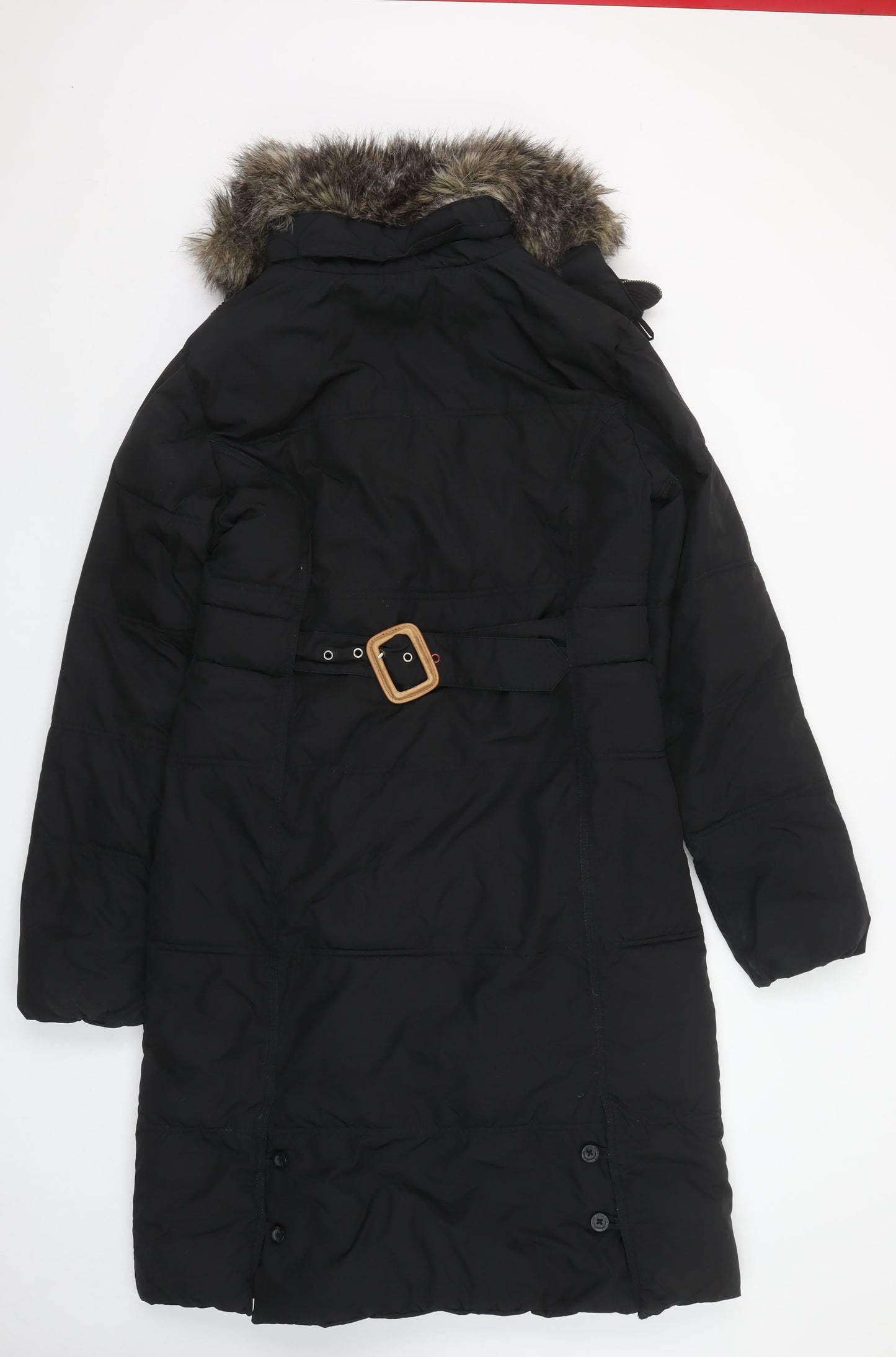 Tommy Hilfiger Women Black Long Parka Coat Faux Fur Trim Hood Belted M