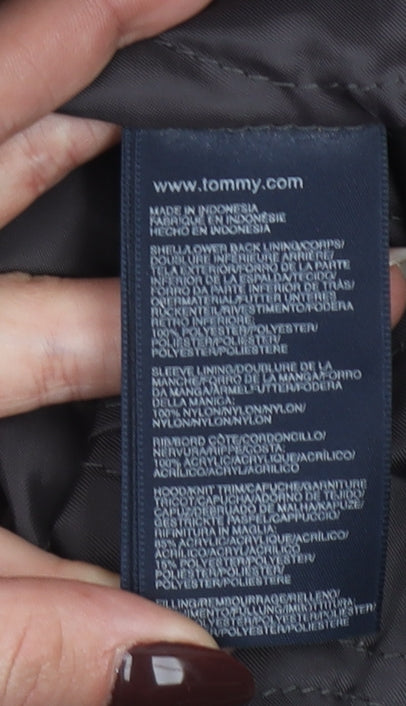 Tommy Hilfiger Women Black Long Parka Coat Faux Fur Trim Hood Belted M