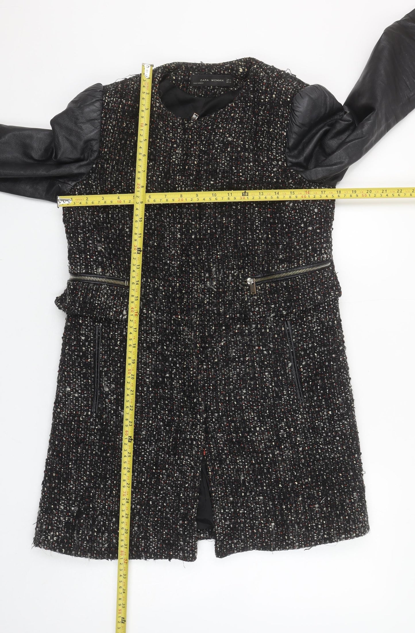 Zara Women Black Tweed Leather Sleeve Biker Jacket Size 8