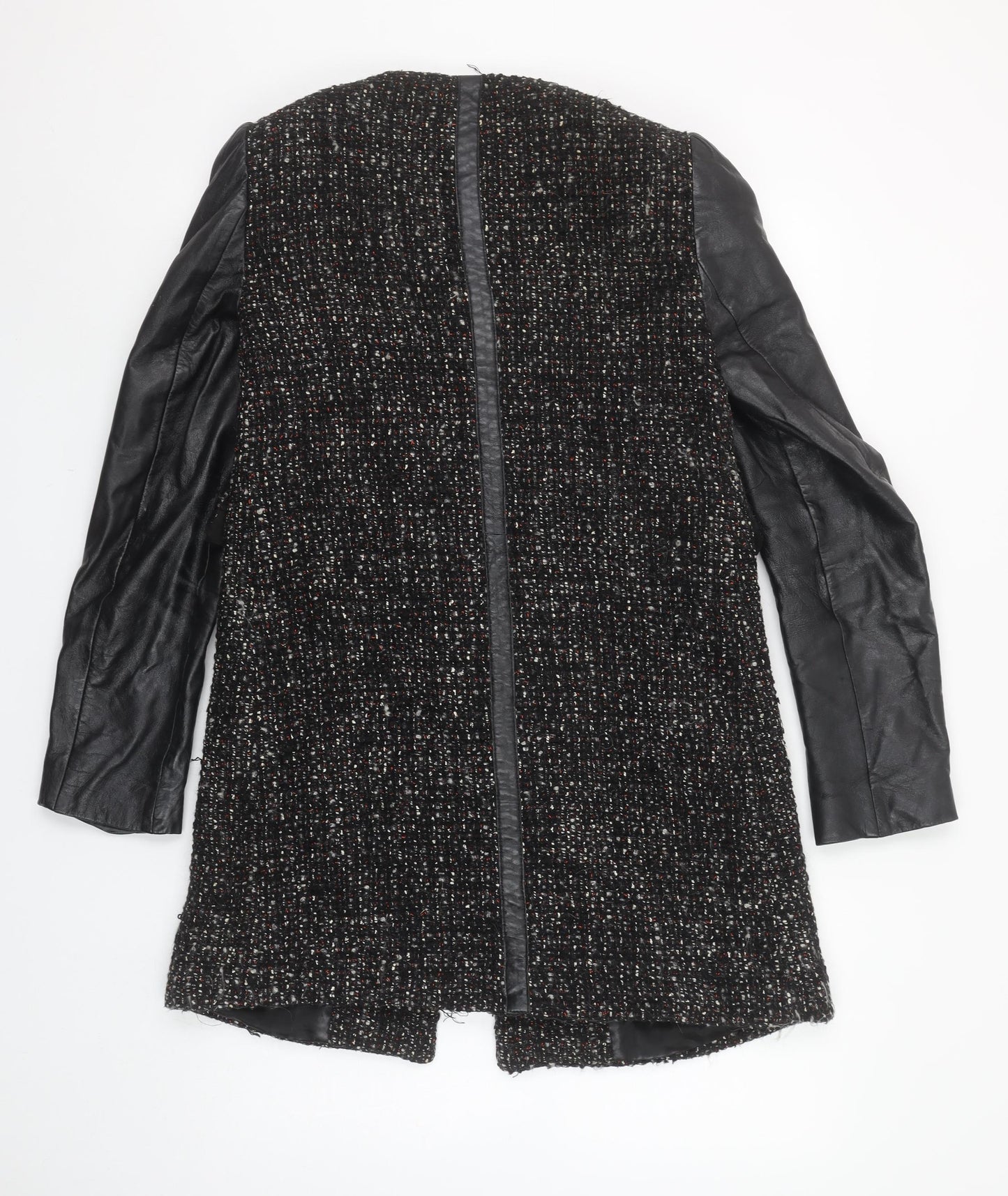 Zara Women Black Tweed Leather Sleeve Biker Jacket Size 8