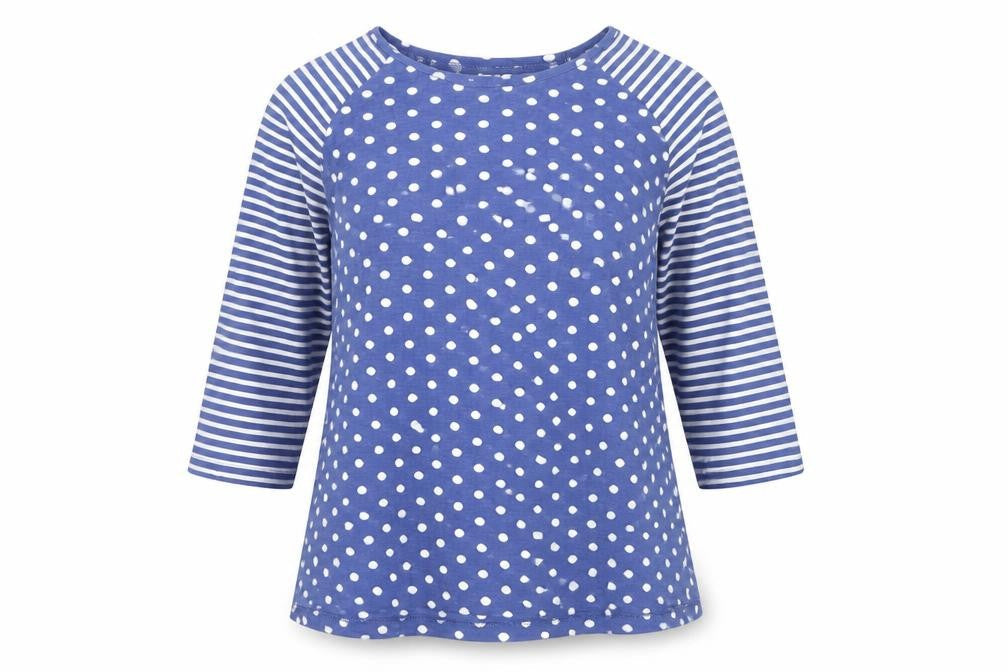Capri Women Blue Polka Dot 3/4 Sleeve Cotton T-Shirt S