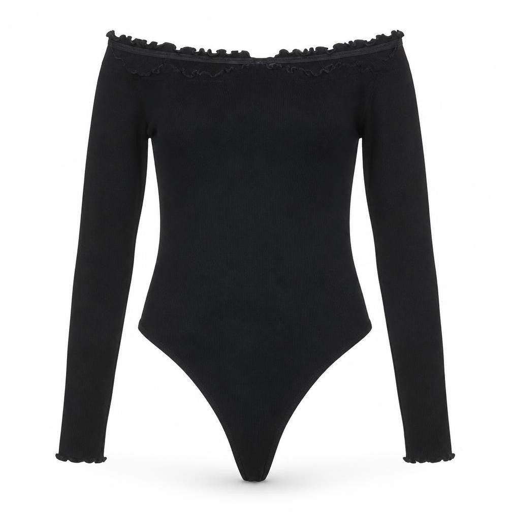 Front view of ASOS Women’s Black Off Shoulder Long Sleeve Bodysuit UK 12