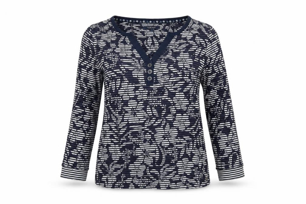 Front view of Maine New England Women's Blue Floral 3/4 Sleeve Cotton T-Shirt, size 12