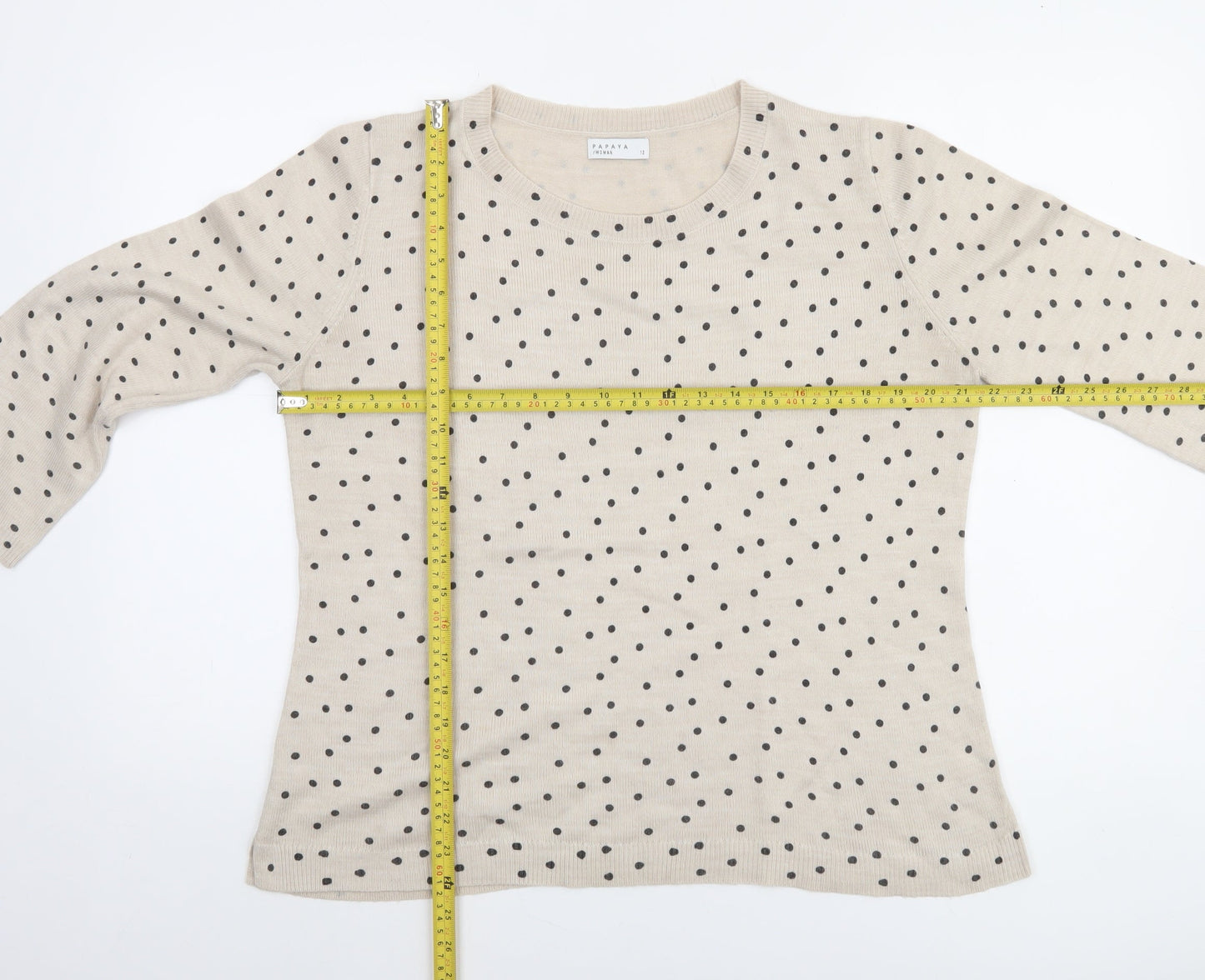 Papaya Women Beige Polka Dot Acrylic 3/4 Sleeve Jumper Size 12