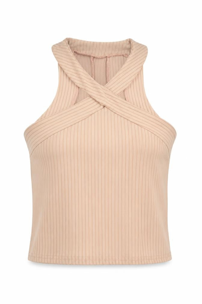 River Island Women’s Beige Ribbed Cropped Halter Tank Top Size 10