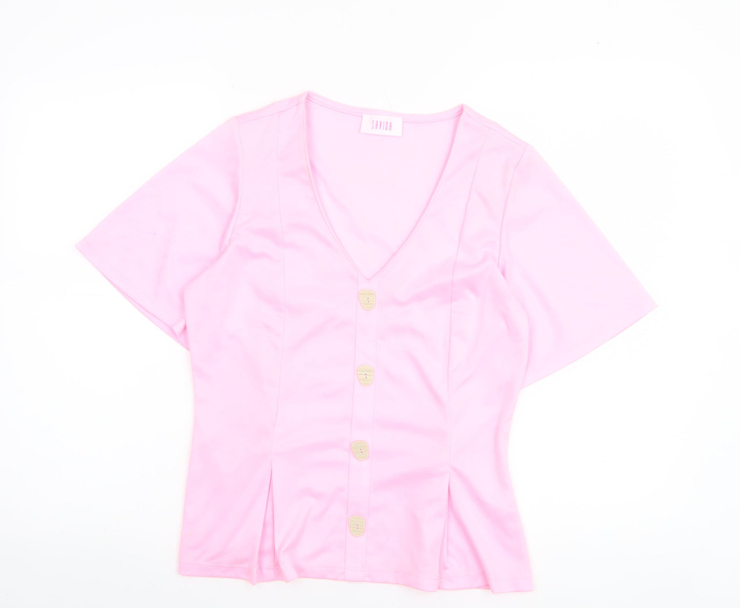 Savida Women Pink Short Sleeve V-Neck Button Blouse Size 10