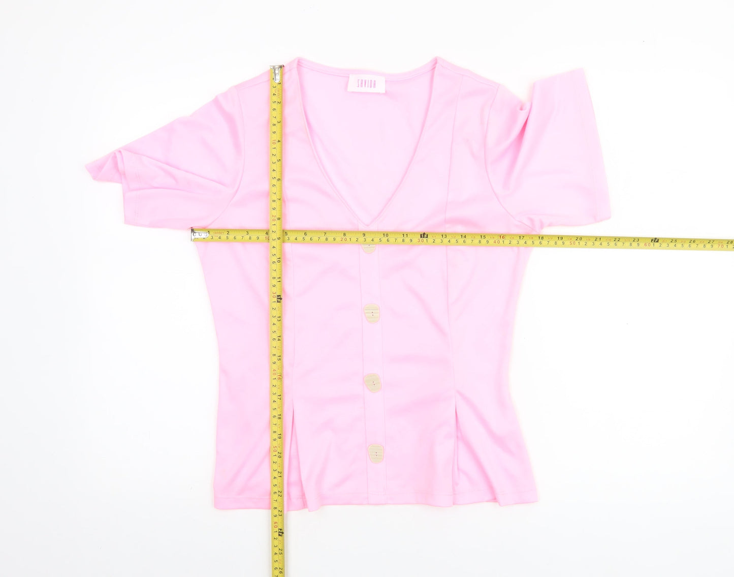 Savida Women Pink Short Sleeve V-Neck Button Blouse Size 10
