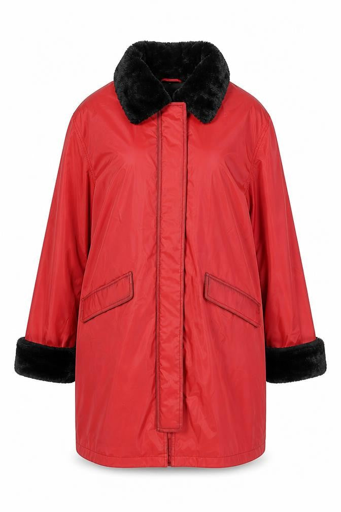 Dennis Basso Women's Red Faux Fur Trim Mid-Length Coat XL