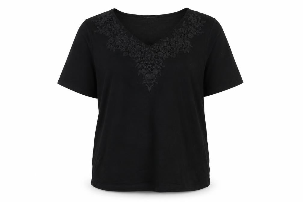 Spirit Womens Black Embroidered Cotton V-Neck T-Shirt Size 18