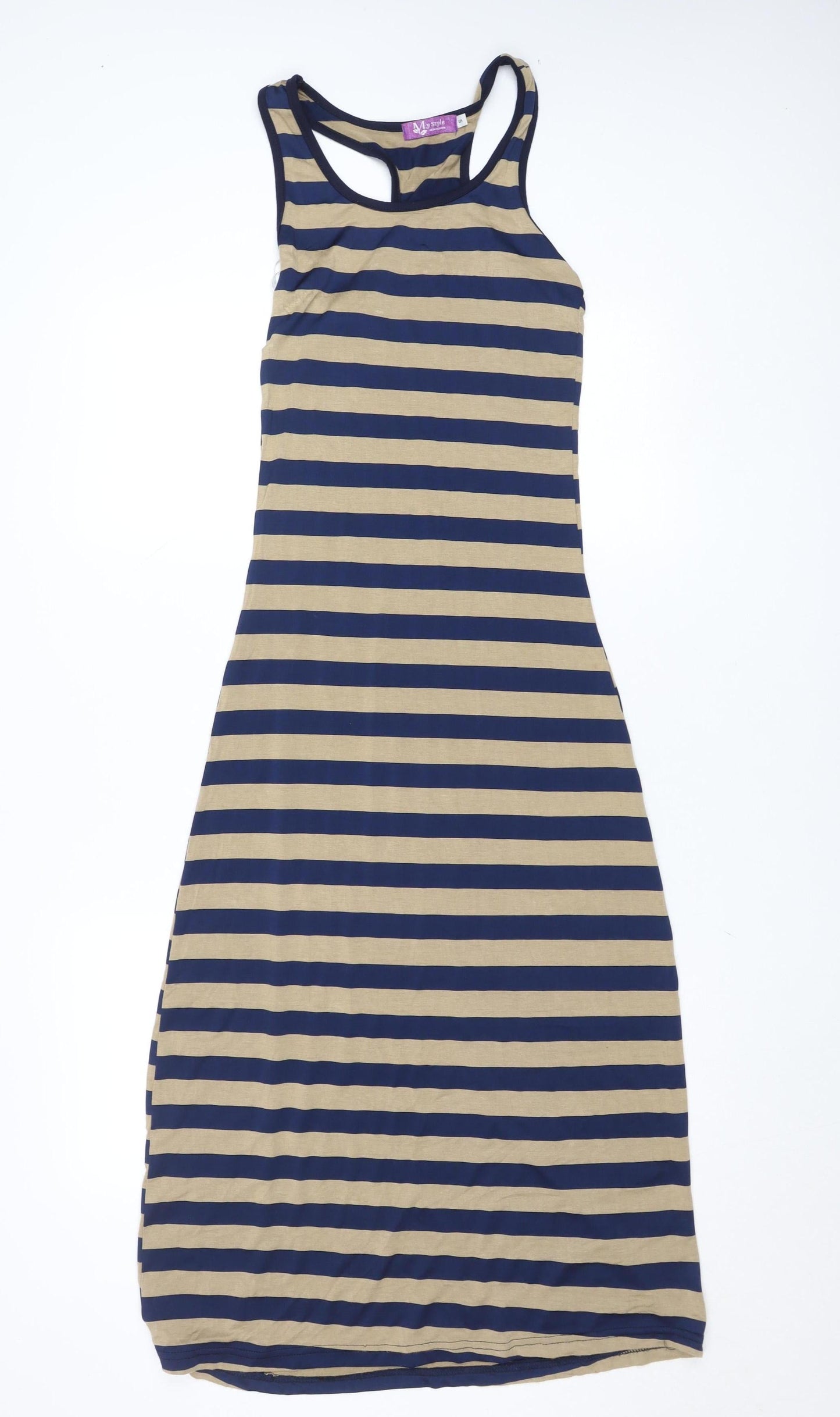 My Style Women's Beige Blue Striped Long Tank Dress Size S