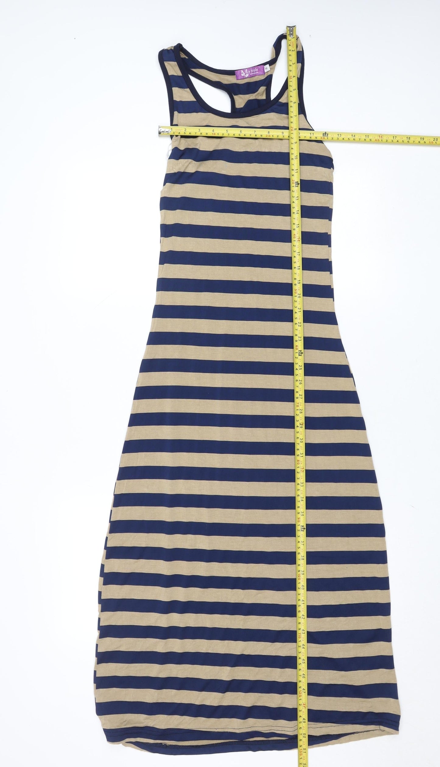 My Style Women's Beige Blue Striped Long Tank Dress Size S