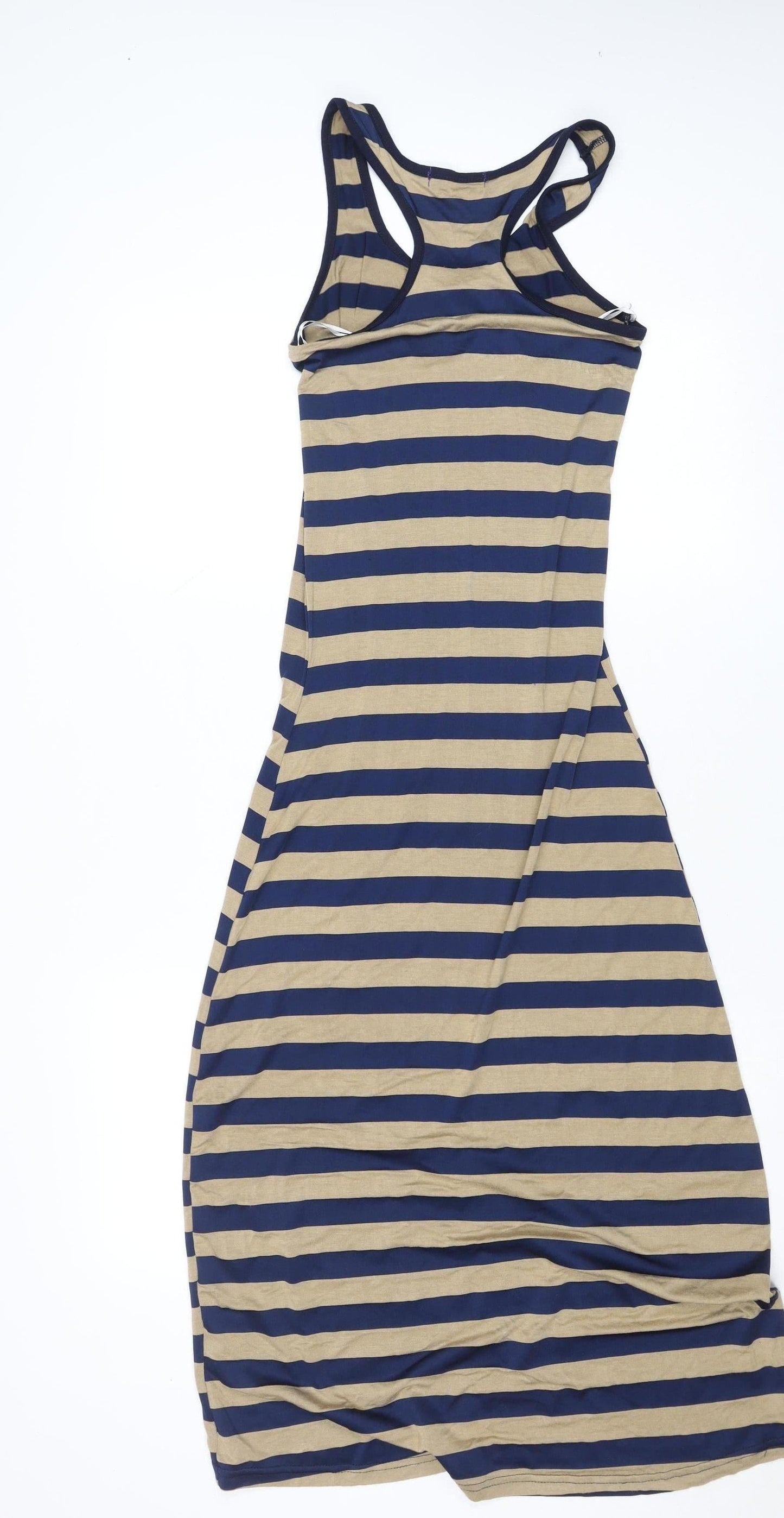 My Style Women's Beige Blue Striped Long Tank Dress Size S