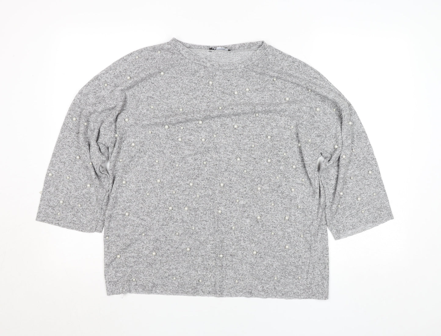 Zara Women Grey Beaded 3/4 Sleeve Knit Top Size M