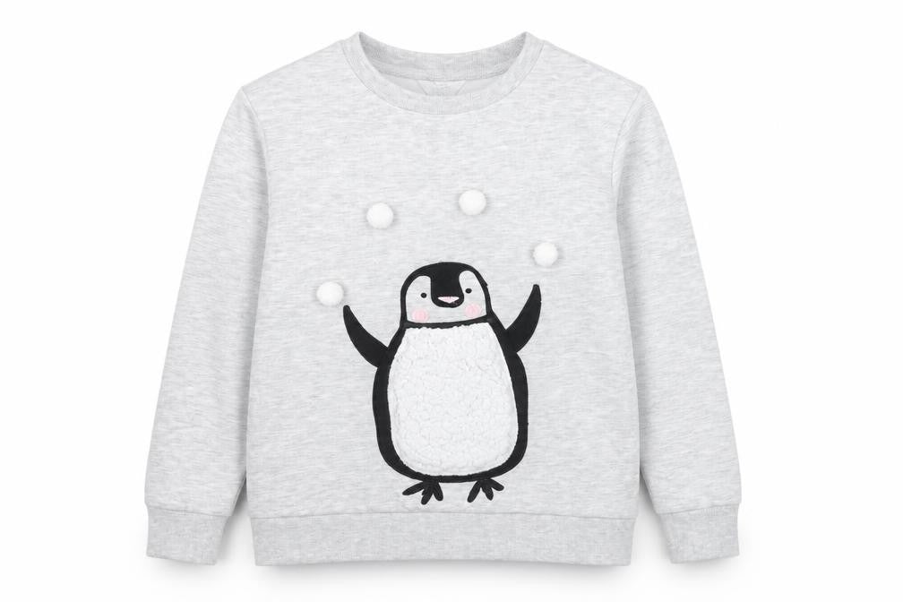 Front view of Debenhams girls’ grey penguin pullover sweatshirt, size 12, years