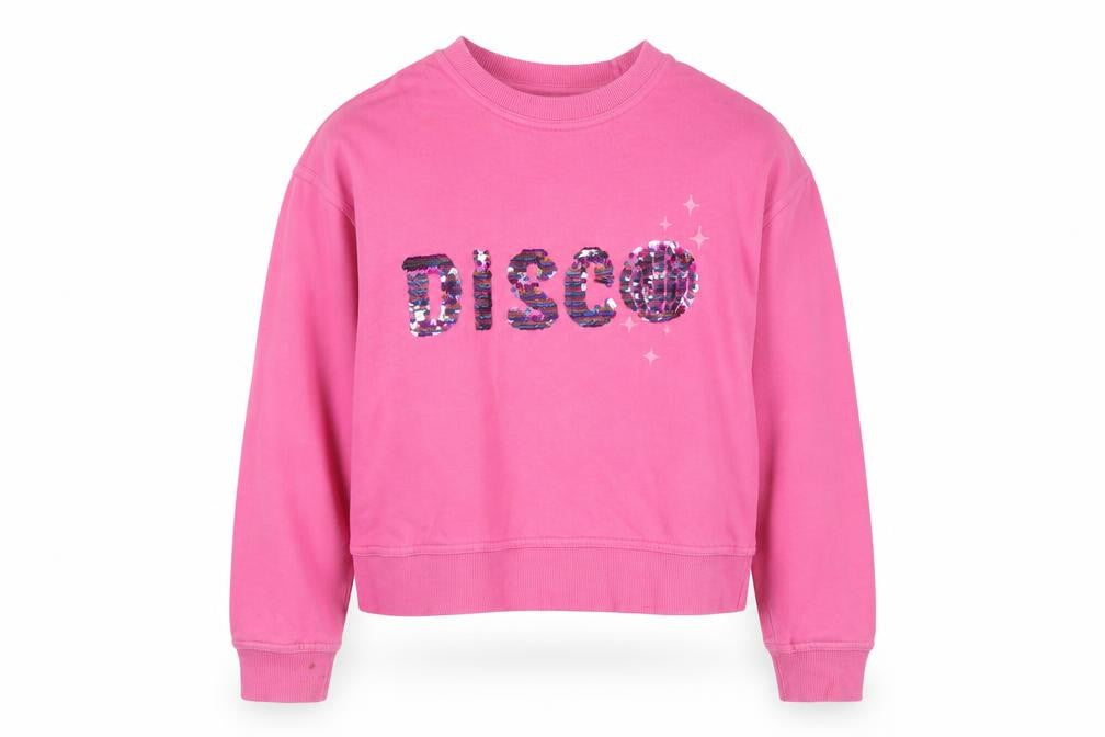 Front view of John Lewis girls’ pink sequin disco sweatshirt 10 years cotton pullover