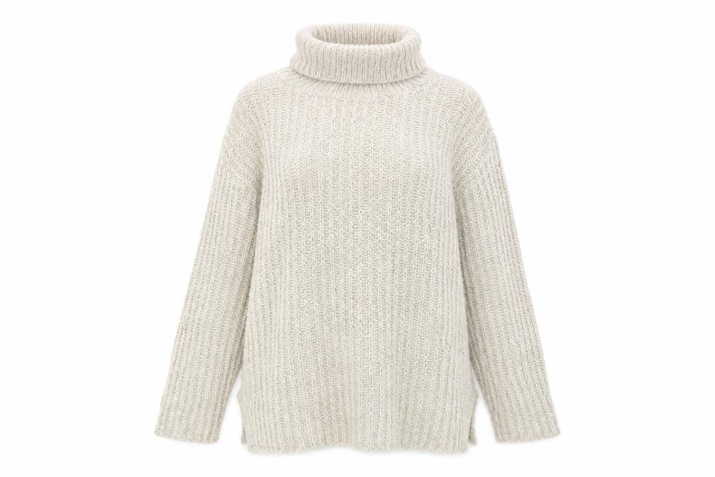 VIZ-A-VIZ Women Beige Roll Neck Chunky Knit Mohair Blend Jumper One Size