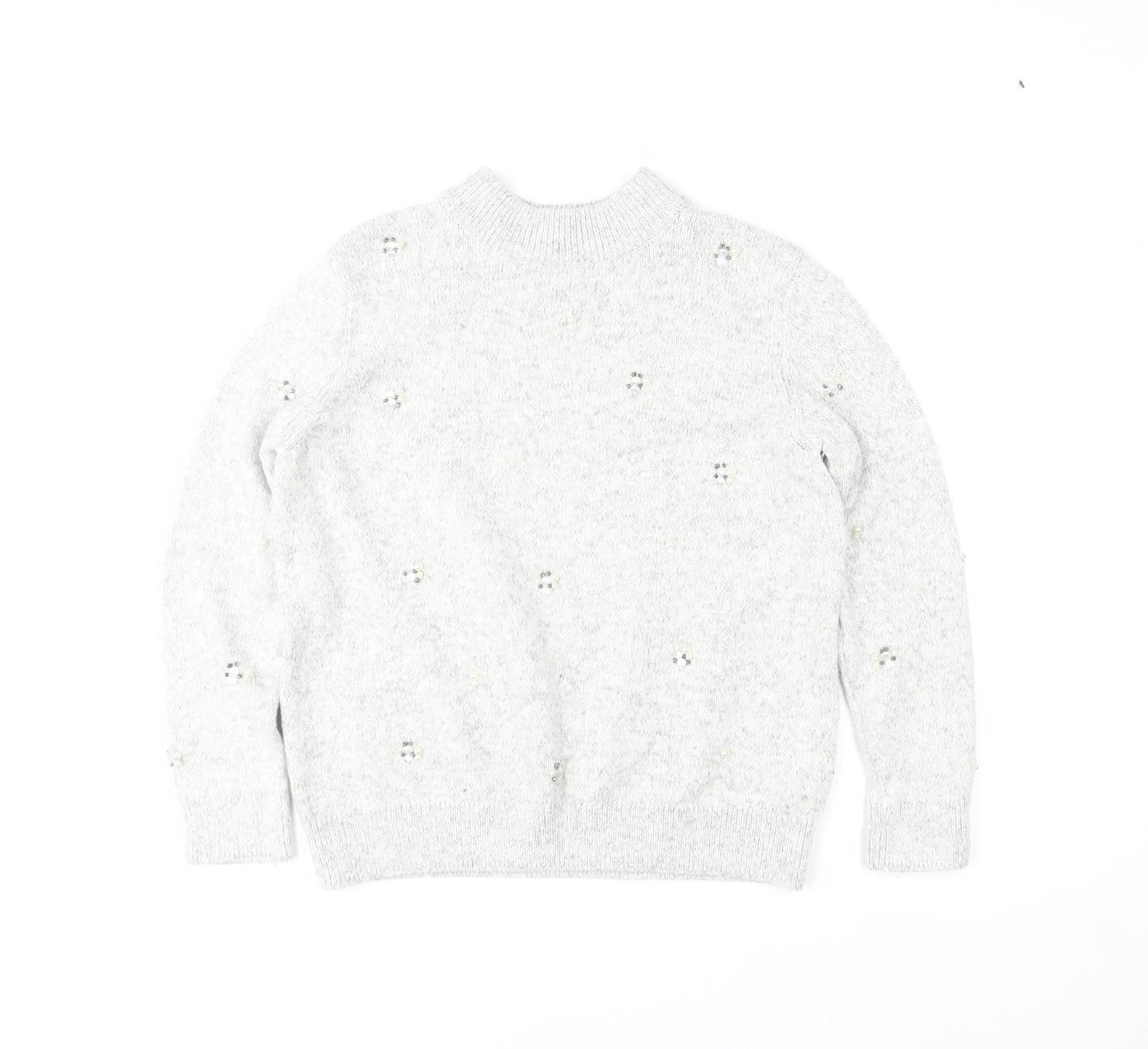 Marks and Spencer Women Grey Mock Neck Beaded Wool Blend Jumper Size 14