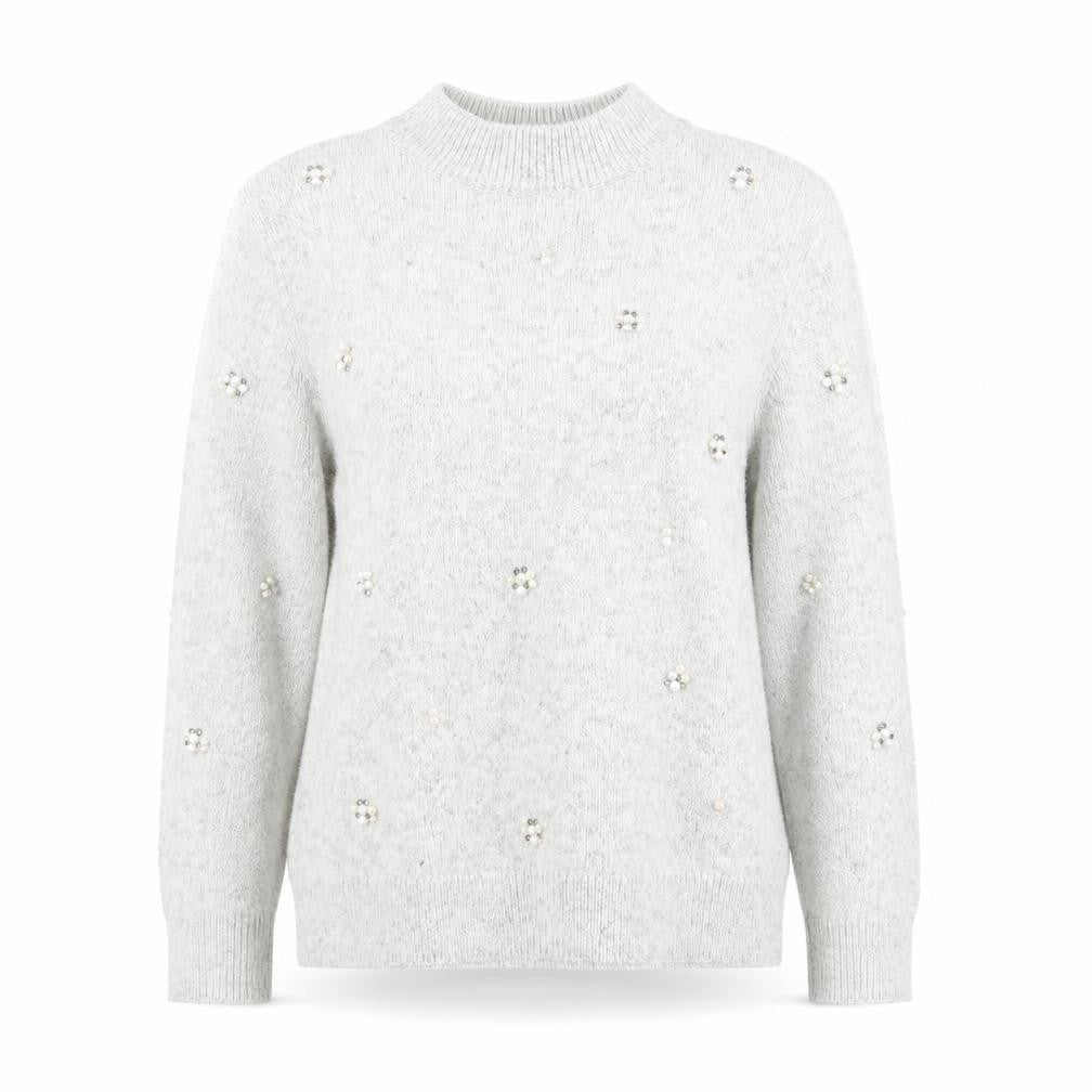 Marks and Spencer Women Grey Mock Neck Beaded Wool Blend Jumper Size 14