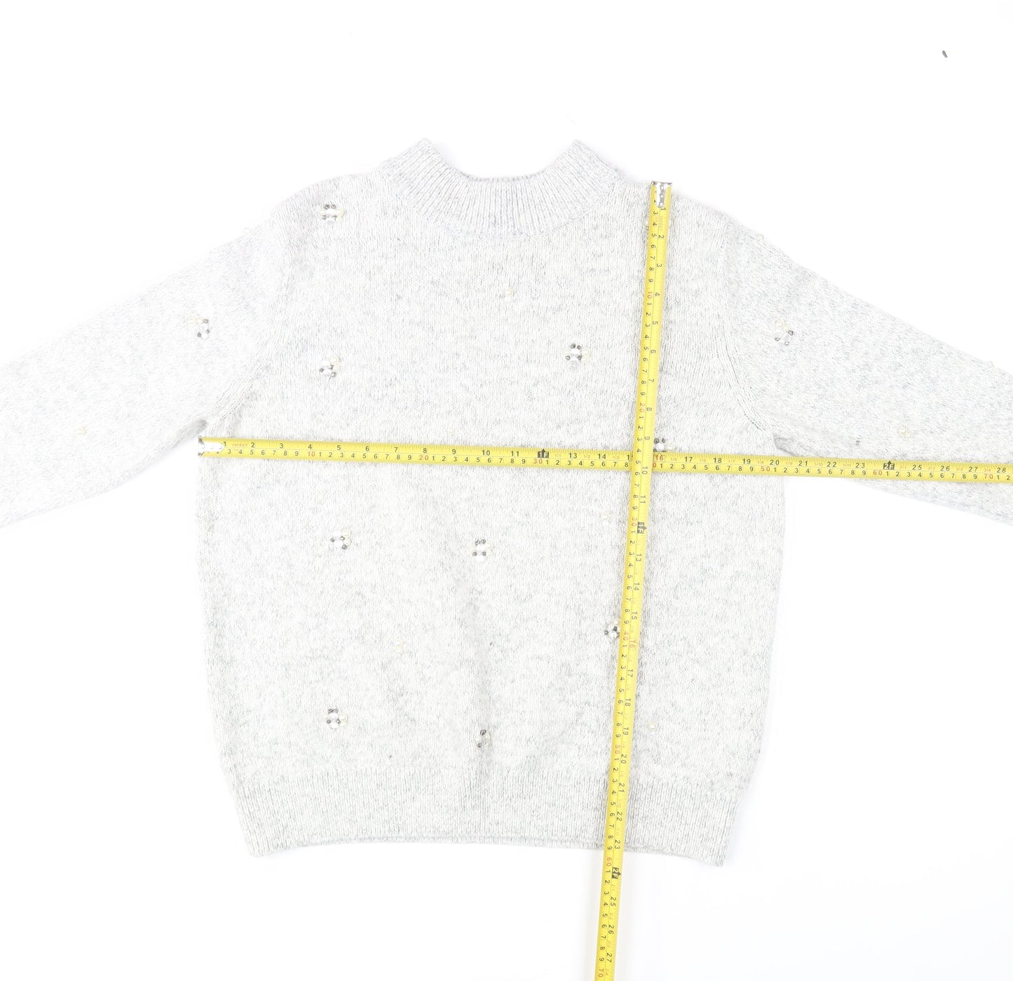 Marks and Spencer Women Grey Mock Neck Beaded Wool Blend Jumper Size 14