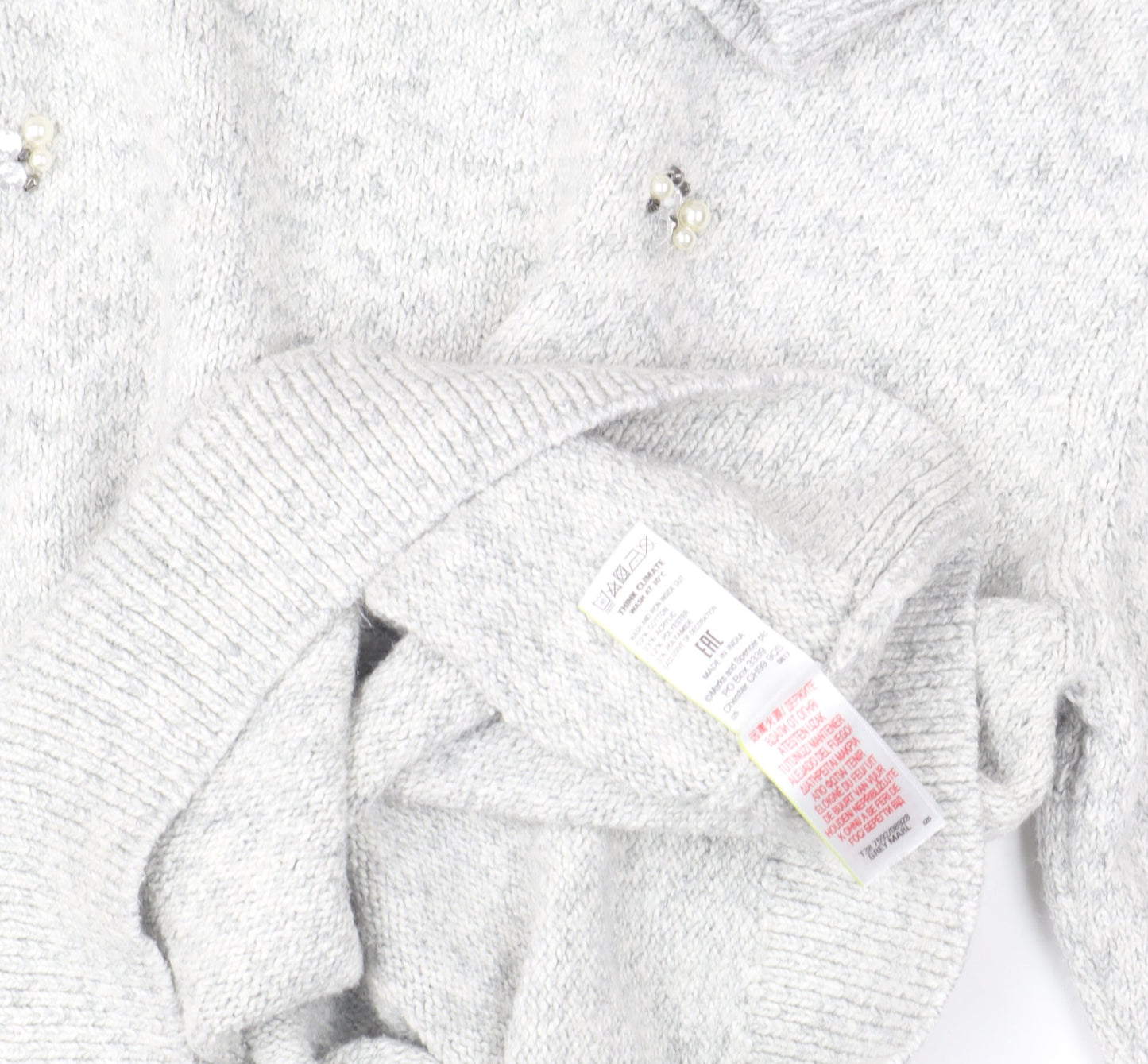 Marks and Spencer Women Grey Mock Neck Beaded Wool Blend Jumper Size 14