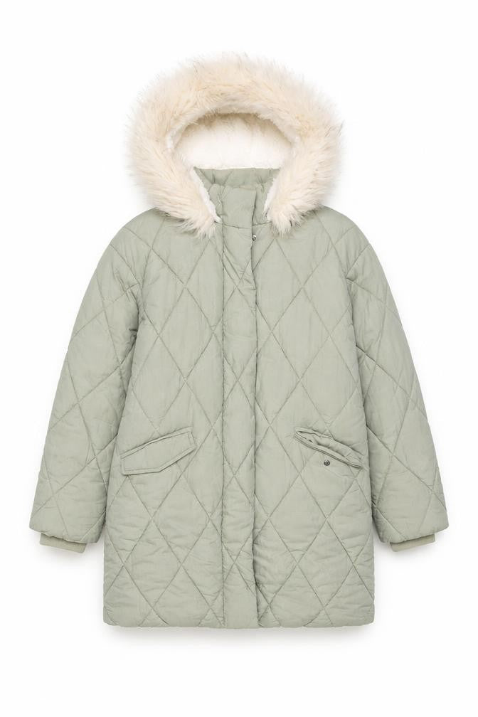 Front view of Mint Velvet girls’ green quilted hooded faux fur trim winter coat 8 years