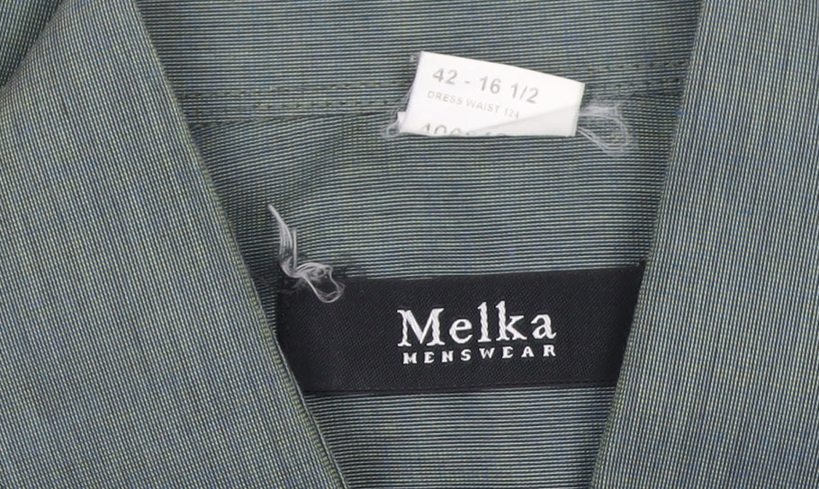 Melka Mens Green Cotton Blend Long Sleeve Button-Up Shirt 16.5in