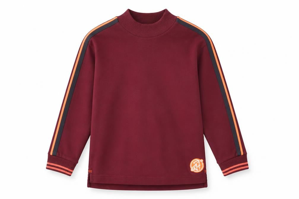 Front view of Marks & Spencer boys’ red stripe sleeve mock neck sweatshirt 6-7 years