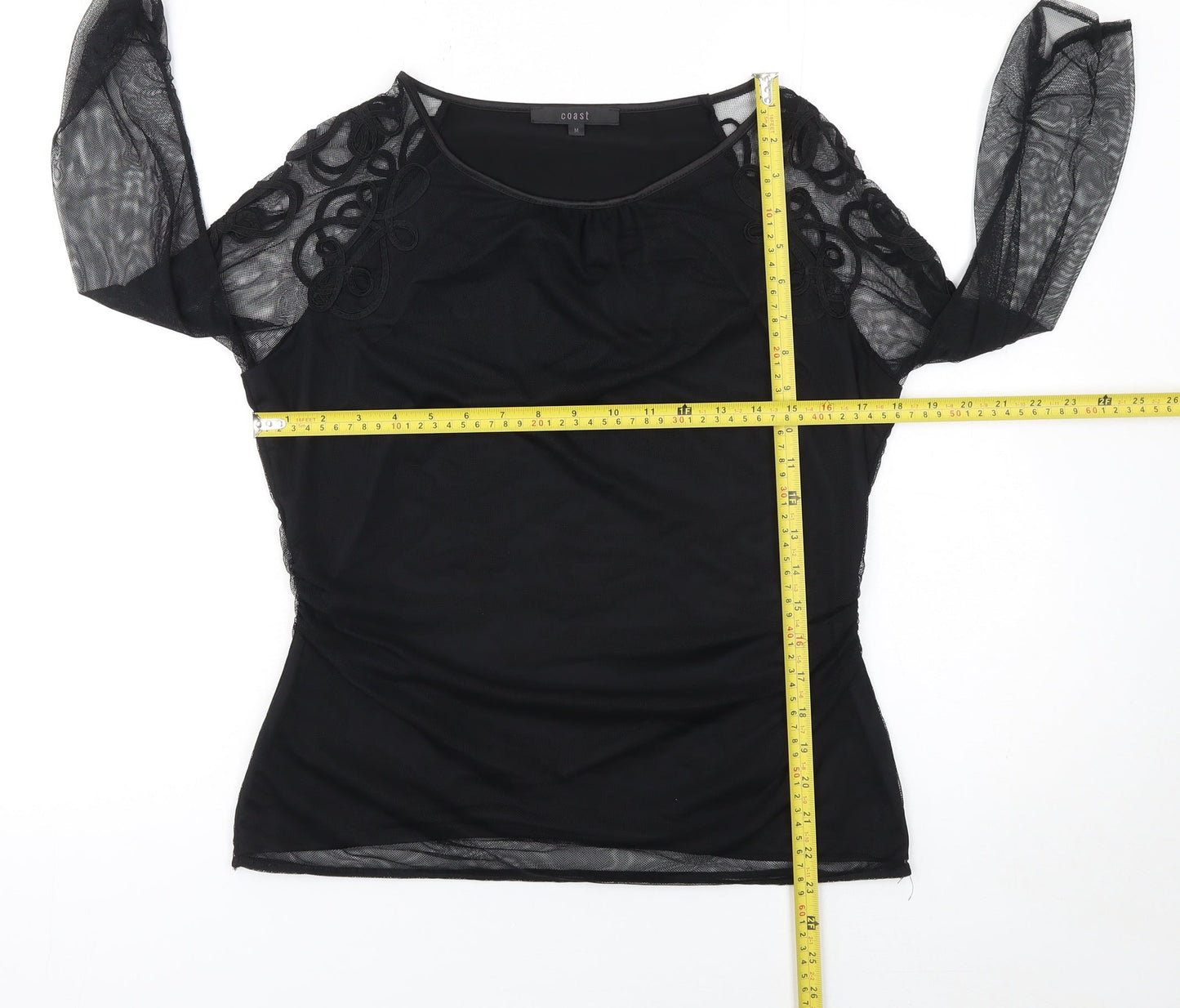 Coast Women's Black Mesh Embroidered Tunic Blouse Size M