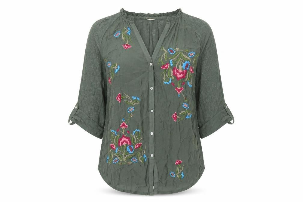 Tiny Women's Green Embroidered Bohemian Button 3/4 Sleeve Blouse XS