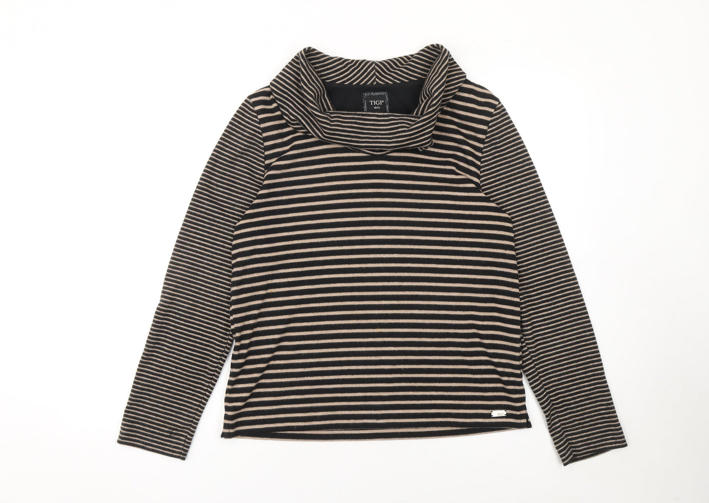 TIGI Women Beige Black Striped Cowl Neck Long Sleeve Pullover Jumper Size 10
