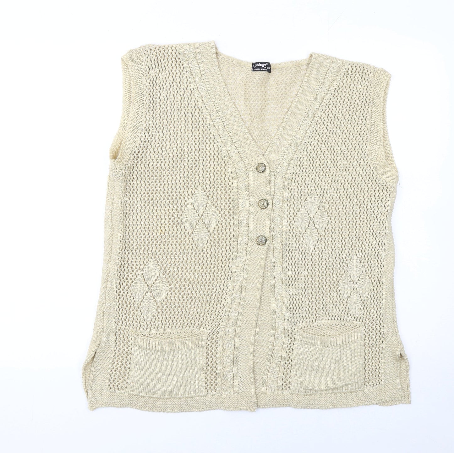 Pulse Women Beige Open-Knit Argyle Sleeveless Cardigan Vest S