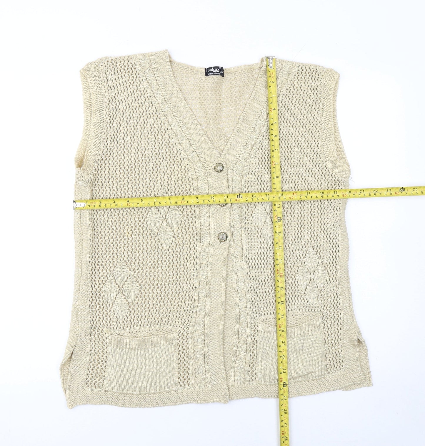 Pulse Women Beige Open-Knit Argyle Sleeveless Cardigan Vest S