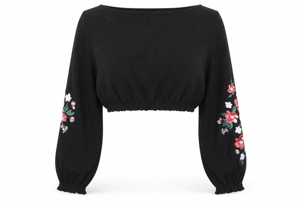 H&M Divided Black Floral Embroidered Cropped Knit Blouse Women’s S