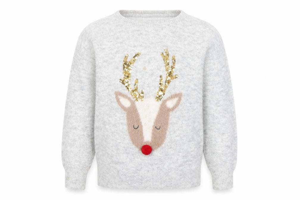 John Lewis Girls Grey Sequin Reindeer Christmas Jumper Size 6 Years