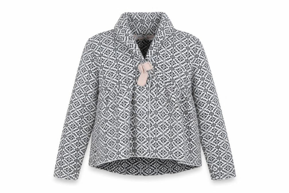 Front view of MyWear girls’ black knit geometric tie jacket 5-6 years lined winter cotton blend